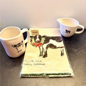 Mug and creamer in Rae Dunn Farm line with a Christmas kitchen towel by MudPie